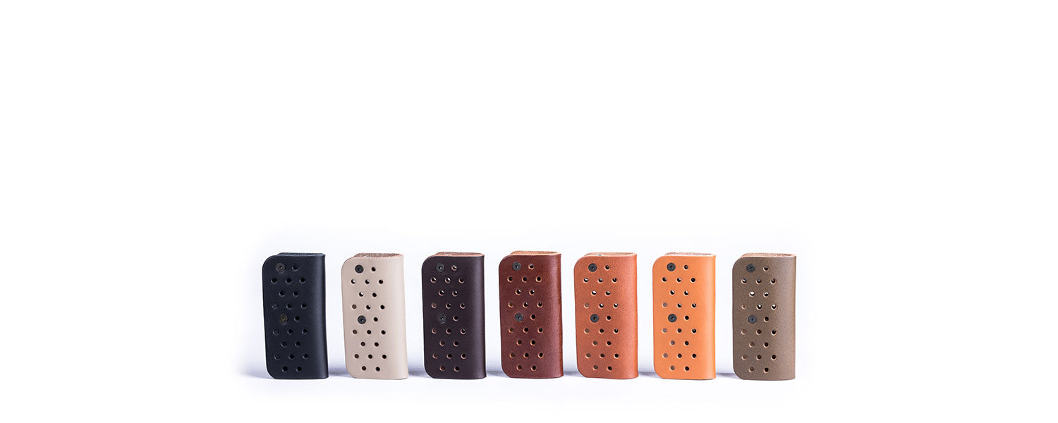 7 colors of premium leather key organizers shown from behind